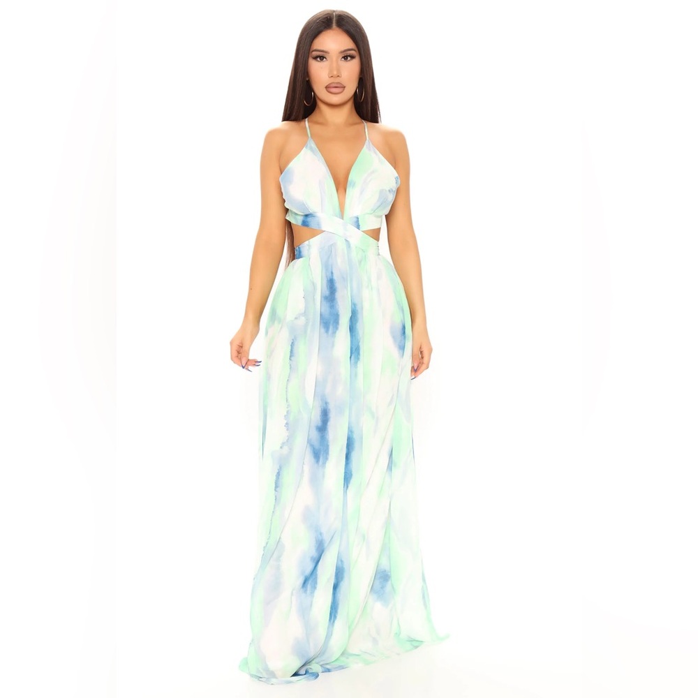Fashion Nova Teya blue green tie dye maxi dress women’s size medium